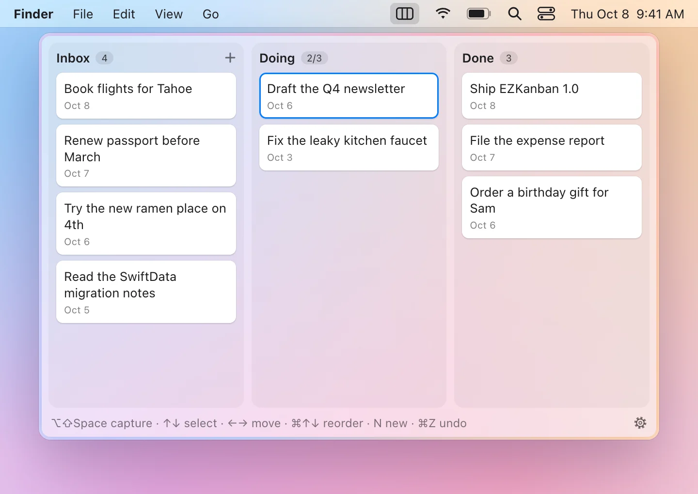 The EZKanban board open below its menu bar icon: Inbox with four cards, Doing with two of its three slots in use, and Done with three finished cards, on a frosted panel with a faint colour glow.